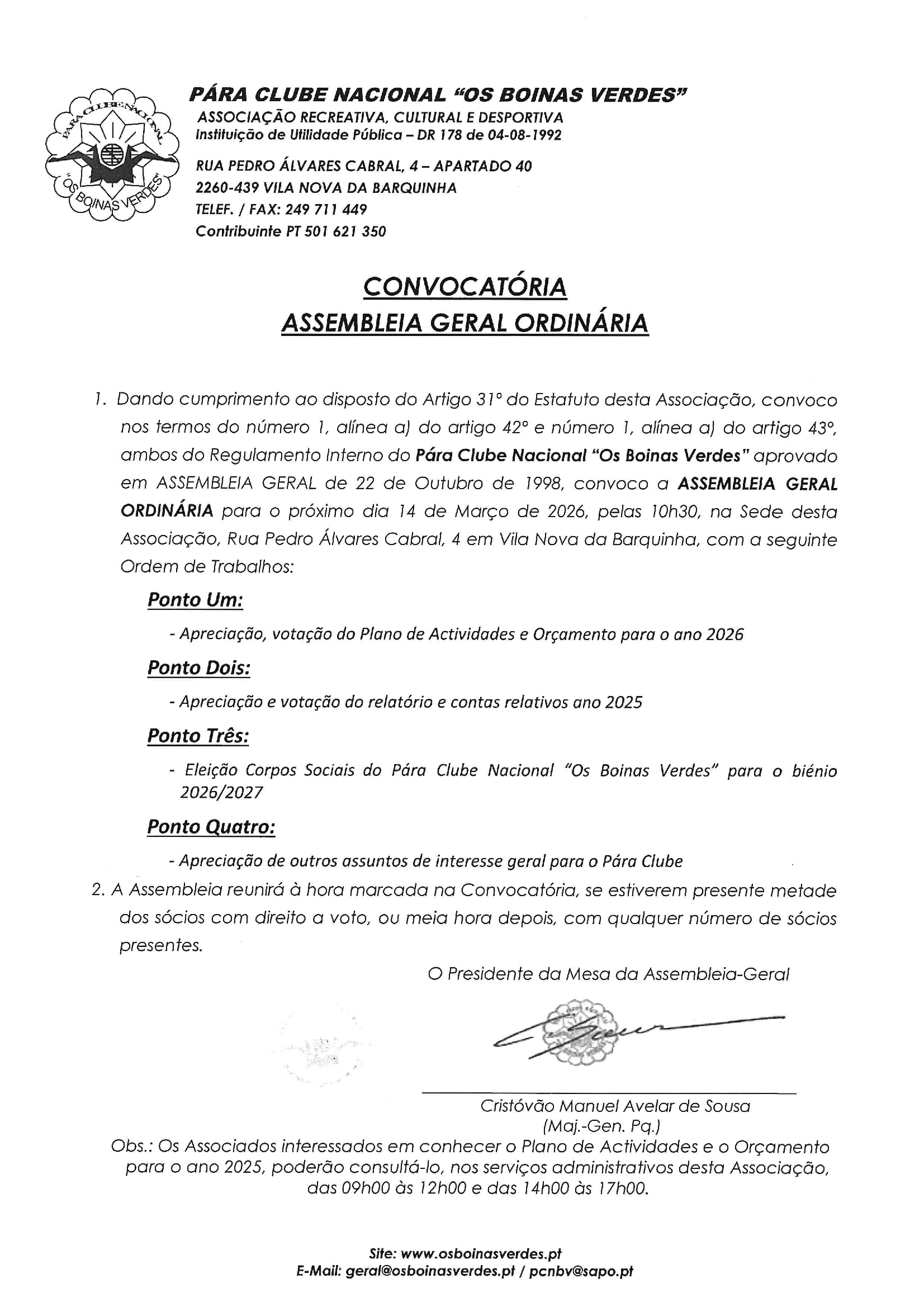 Convocatória Assembleia Geral Pára Clube Ano 2026 altera